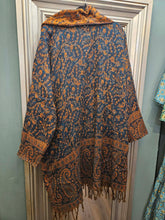 Load image into Gallery viewer, Tassel Shawl Coat/cardigan Teal &amp; Orange www.karmaripon.co.uk