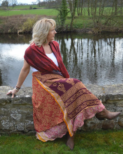 Reversible Repurposed Sari Wrap skirt www.karmaripon.co.uk