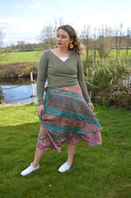 Load image into Gallery viewer, Pink Toned Repurposed Sari Wrap skirt www.karmaripon.co.uk