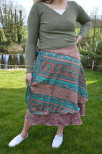 Load image into Gallery viewer, Pink Toned Repurposed Sari Wrap skirt www.karmaripon.co.uk
