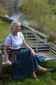 Purna Teal Sari elasticated panel Skirt www.karmaripon.co.uk