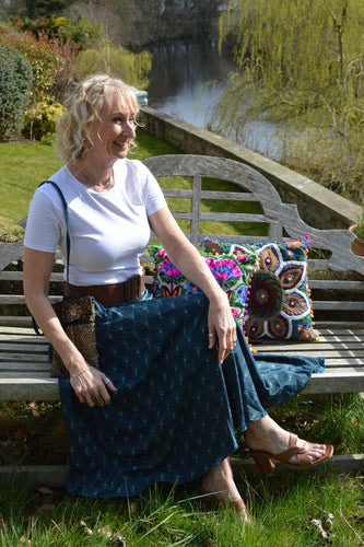 Purna Teal Sari elasticated panel Skirt www.karmaripon.co.uk
