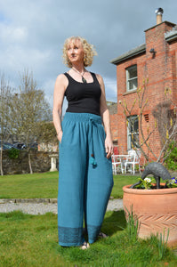 Tanvi Teal Jute Trousers www.karmaripon.co.uk