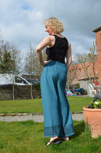 Tanvi Teal Jute Trousers www.karmaripon.co.uk