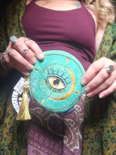 Load image into Gallery viewer, Embroidered Eye Circular Pouch Bag www.karmaripon.co.uk