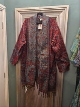 Load image into Gallery viewer, Tassel Shawl Coat/cardigan Burgundy &amp; Blue  www.karmaripon.co.uk