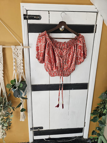 Red Repurposed Sari Crop Top UK 12-16