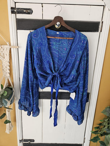 Blue Repurposed Sari Butterfly Top 8-14