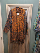 Load image into Gallery viewer, Tassel Shawl Coat/cardigan Teal &amp; Orange www.karmaripon.co.uk