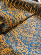Load image into Gallery viewer, Cosy Large Indian Shawl with tassels Teal &amp; Mustard
