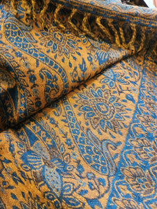 Cosy Large Indian Shawl with tassels Teal & Mustard