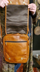 Rustic Tan Leather Small Messenger Bag www.karmaripon.co.uk