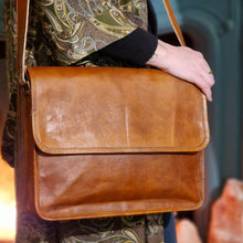 Load image into Gallery viewer, Rustic Tan Leather Messenger Bag www.karmaripon.co.uk