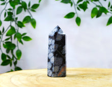 Load image into Gallery viewer, Snowflake Obsidian crystal point www.karmaripon.co.uk