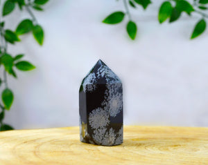 Snowflake Obsidian crystal point www.karmaripon.co.uk